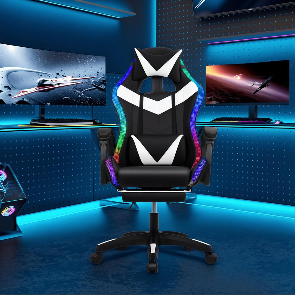 Gaming Chair with Bluetooth Speakers ＆ LED Lights, Ergonomic Massage Computer Chair Height Adjustable, Video Game Chair with 360° Swivel Seat and Headrest, 397LBS Load