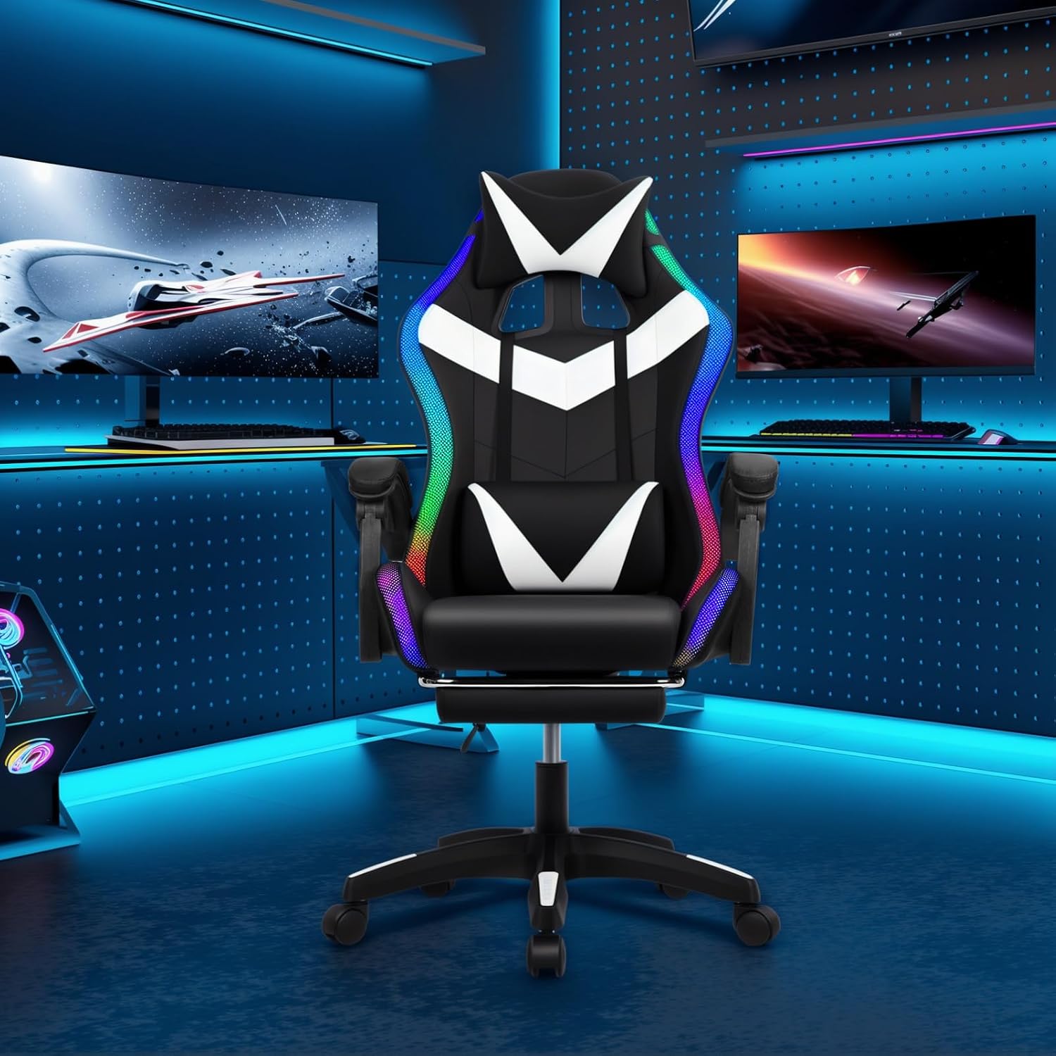 Gaming Chair with Bluetooth Speakers ＆ LED Lights, Ergonomic Massage Computer Chair Height Adjustable, Video Game Chair with 360° Swivel Seat and Headrest, 397LBS Load
