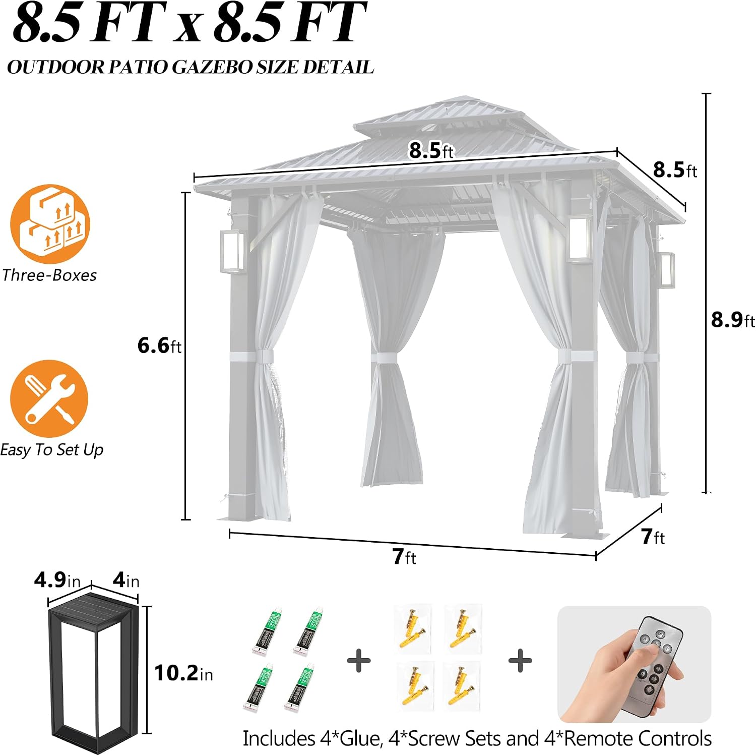 GARTOO 8.5x8.5FT Outdoor Hardtop Gazebo with Double Roof - Aluminum Heavy-Duty Steel Top Gazebo with Solar LED Light, Breathable Netting & Privacy Curtain for Patio, Porch, Garden, Backyard