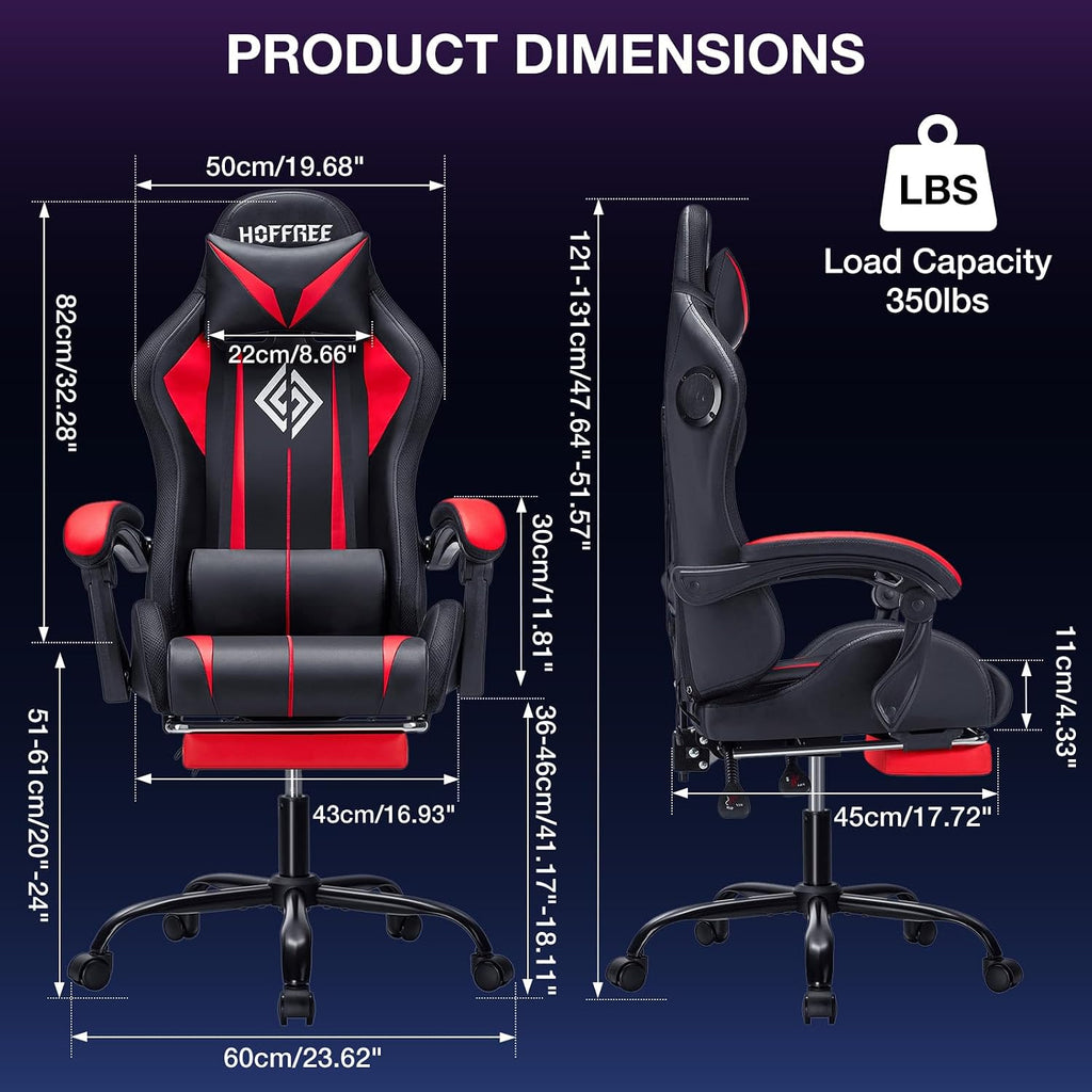 HOFFREE RGB Gaming Chair with Speakers Massage Computer Gaming Chair with LED Lights and Footrest High Back Video Game Chair for Adults Red and Black
