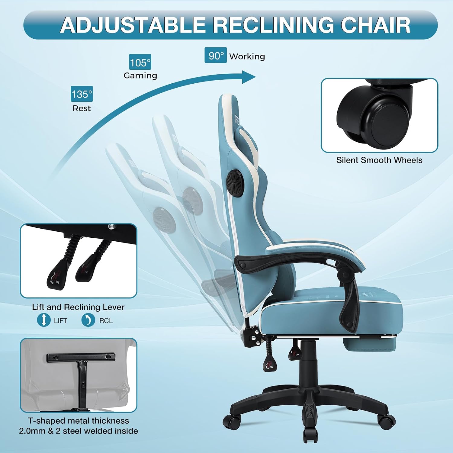 HOFFREE Gaming Chair Computer Chair with Speakers Massage Game Chairs with Footrest Bluetooth High Back Ergonomic Computer Gaming Chairs for Adults Reclining Video Gamer Chair Stone Blue and White