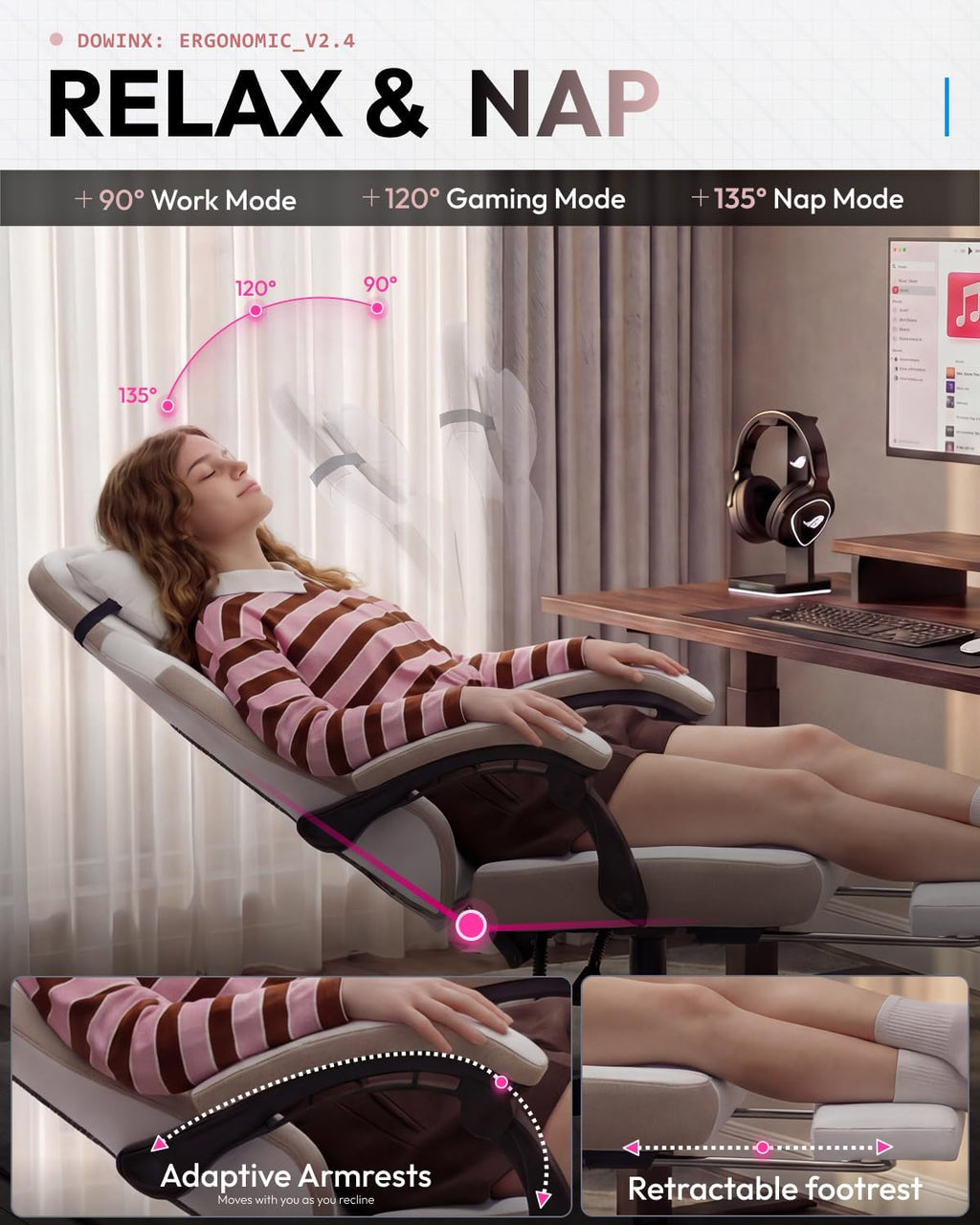 Dowinx Gaming Chair, Fabric Gaming Chairs for Adults with Pocket Spring Cushions and Lumbar Support, Ergonomic Massage Computer Chair with Footrest for Big and Tall, Beige