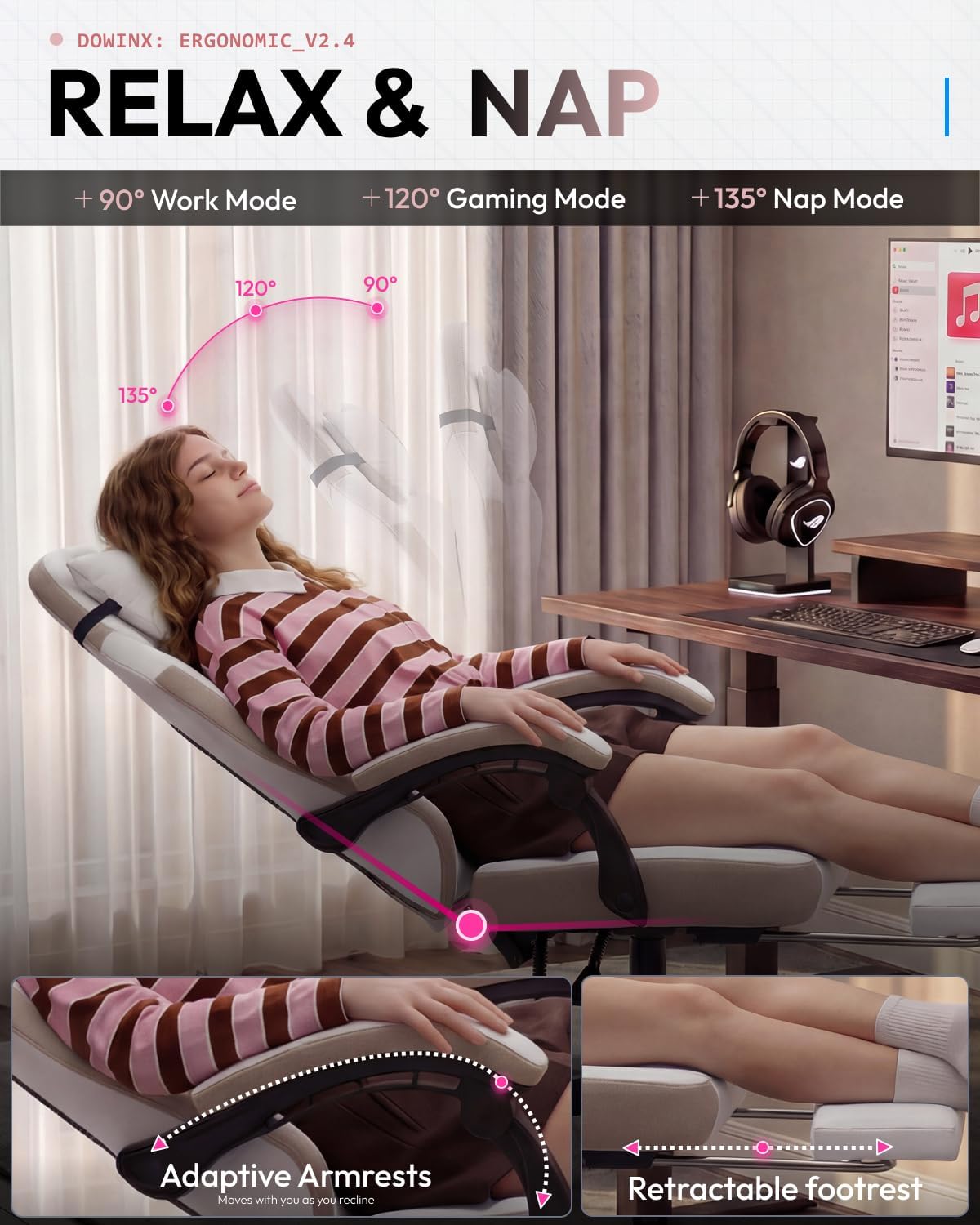 Dowinx Gaming Chair, Fabric Gaming Chairs for Adults with Pocket Spring Cushions and Lumbar Support, Ergonomic Massage Computer Chair with Footrest for Big and Tall, Beige