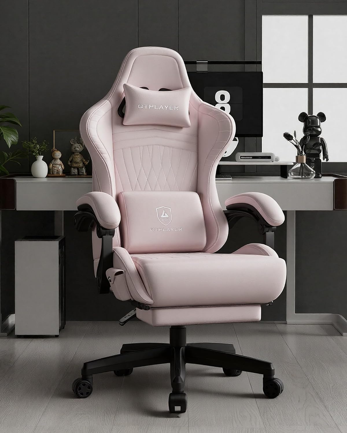 GTPLAYER Gaming Chair for Adults, Ergonomic Video Game Chairs, Footrest & Linkage Armrest, Reclining High Back Silla Gamer with Speakers for Home Office, Ace Pro, Pink(Velvet)