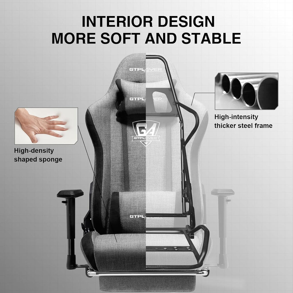 GTPLAYER Gaming Chair with Footrest, Fabric Breathable Big and Tall Ergonomic Computer Chair 350 lbs with Adjustable Lumbar Support and Recliner, High Back Game Chair for Office Gaming, Grey