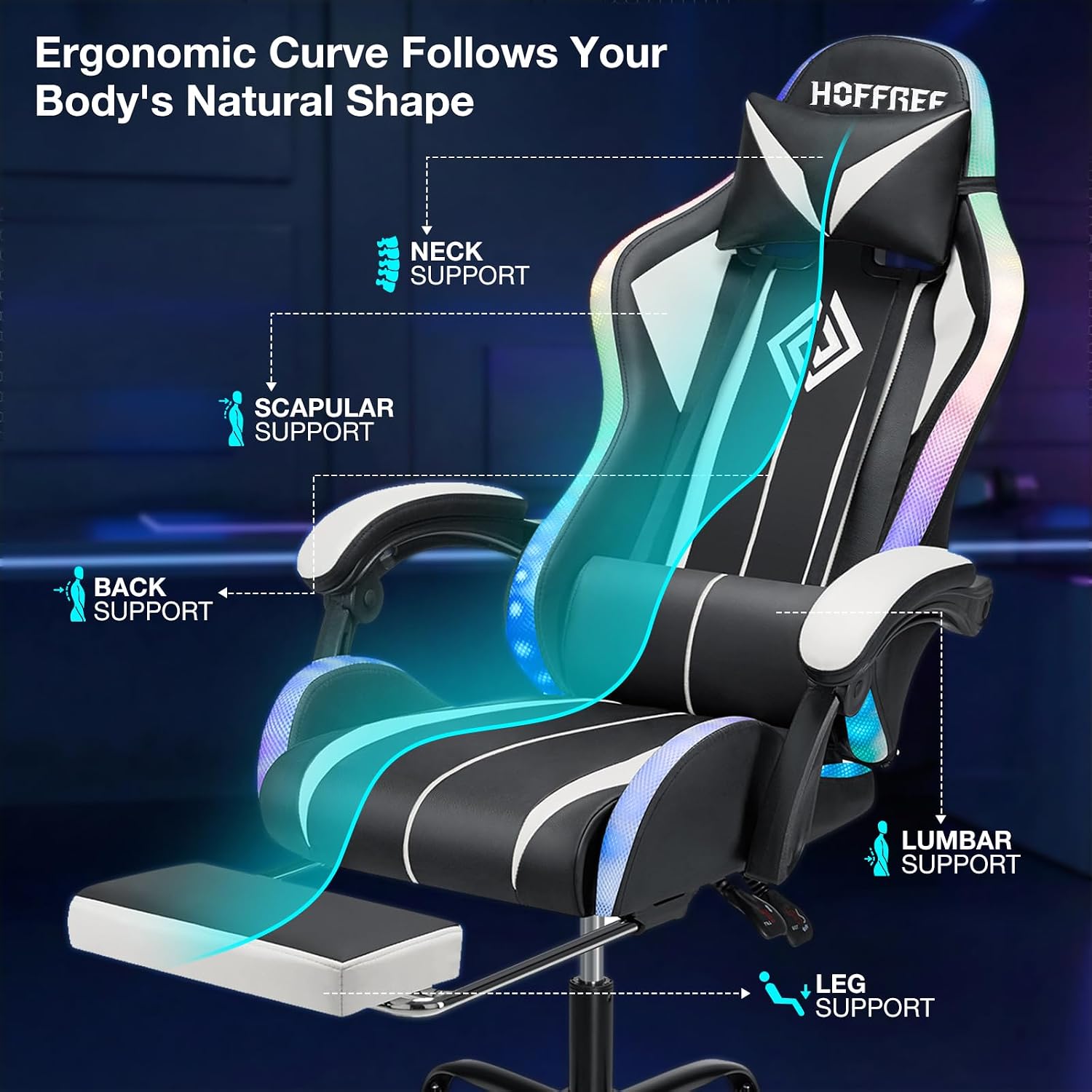 HOFFREE Gaming Chair Massage with LED RGB Lights and Footrest Ergonomic Computer Chair High Back Video Game Chair with Adjustable Lumbar Support Linkage Armrest White and Black