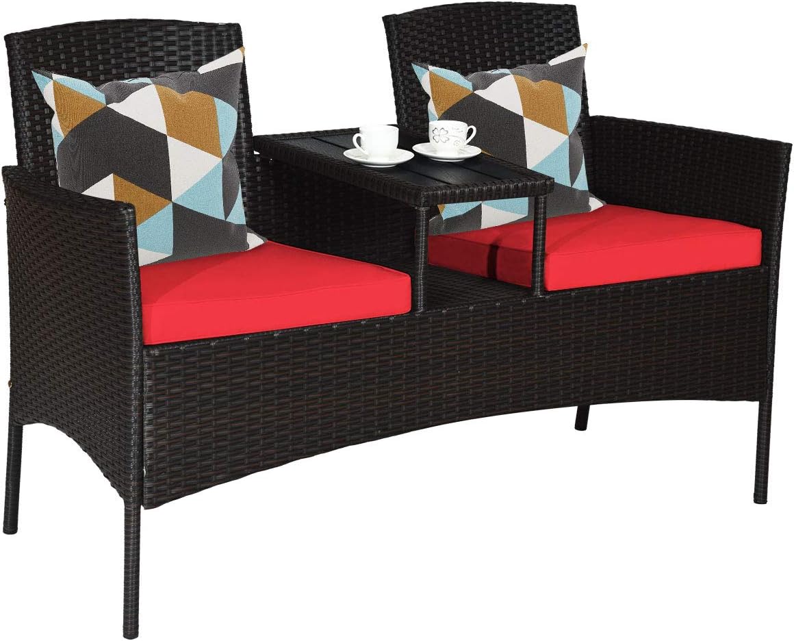COSTWAY 2-Seat Patio Conversation Sets, Outdoor Patio Loveseat Set with Removable Cushions & Built-in Coffee Table for Backyard, Garden, Lawn, Balcony, Brown+Red