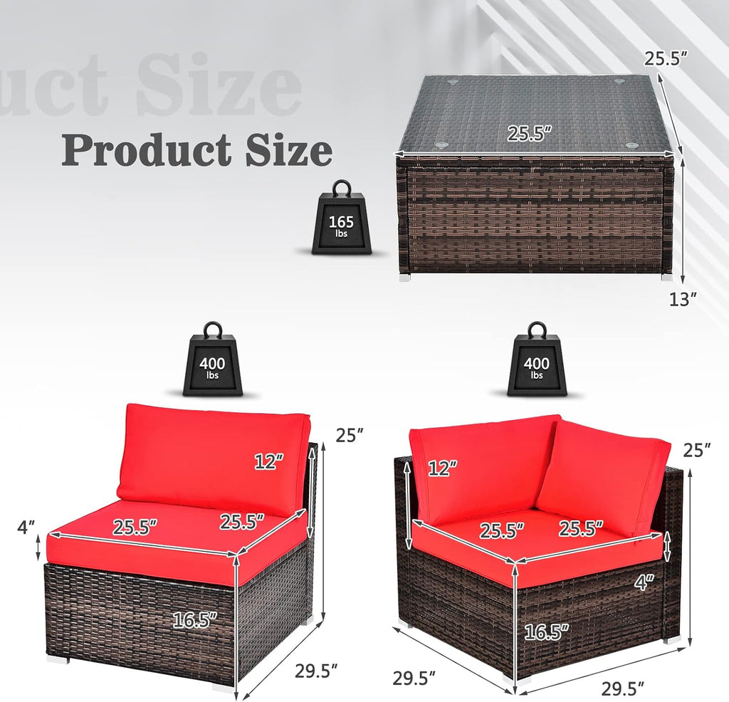 COSTWAY 6-Piece Outdoor Patio Furniture Set, Rattan Sectional Sofa Set with Tempered Glass Coffee Table and Cushions for Garden, Deck, Backyard (Red)