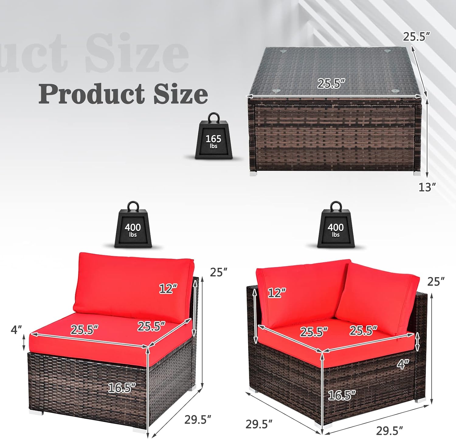 COSTWAY 6-Piece Outdoor Patio Furniture Set, Rattan Sectional Sofa Set with Tempered Glass Coffee Table and Cushions for Garden, Deck, Backyard (Red)
