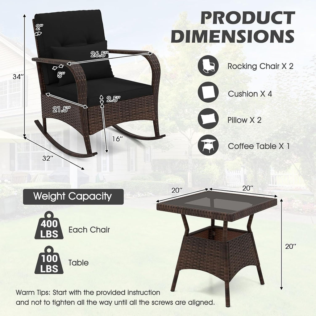 ORALNER 3 Pieces Patio Furniture Set, Outdoor Wicker Rocking Chairs with Cushions, Pillows, Glass Coffee Table, Rattan Bistro Rocker Set for Balcony Front Porch Poolside Garden Deck Yard (Black)