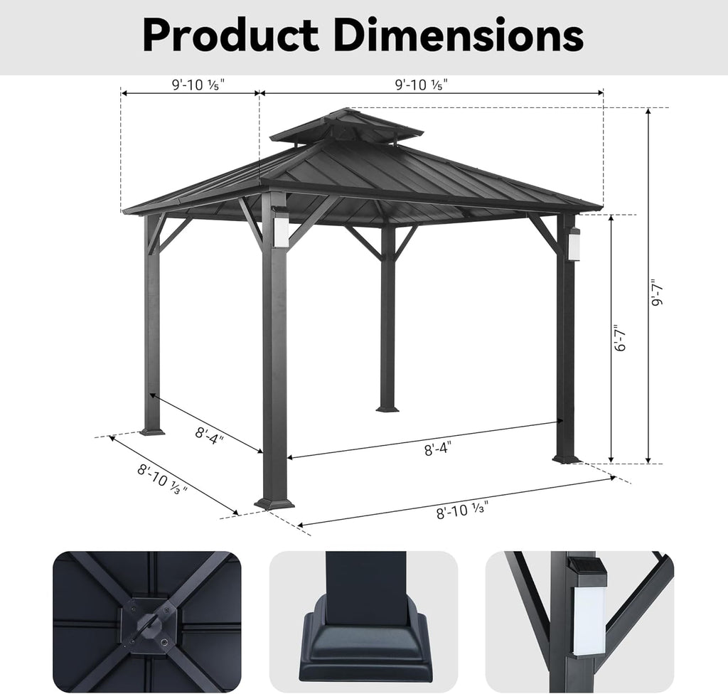 Modern Shade Hardtop Gazebo 10' x 10' with 4 LED Lights, Permanent Metal Gazebo with Galvanized Steel Double Roof & Frame, Hard Top Gazebo with Sturdy Hooks for Backyard, Deck, Garden, Lawn