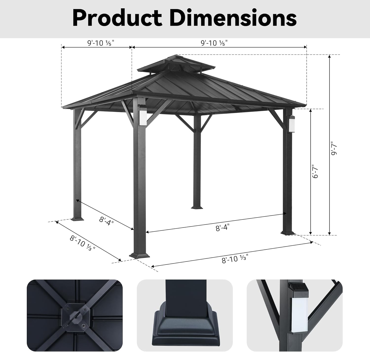 Modern Shade Hardtop Gazebo 10' x 10' with 4 LED Lights, Permanent Metal Gazebo with Galvanized Steel Double Roof & Frame, Hard Top Gazebo with Sturdy Hooks for Backyard, Deck, Garden, Lawn