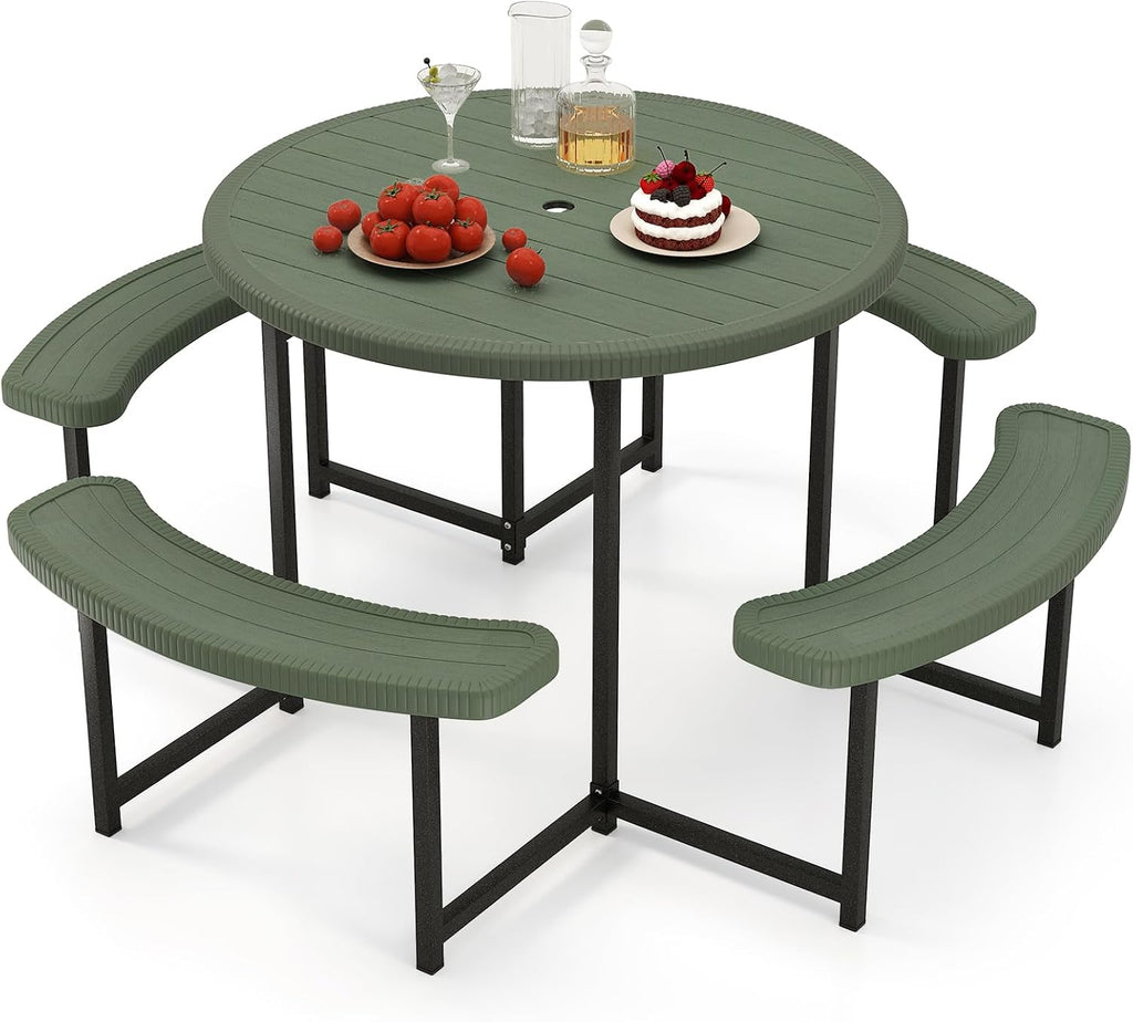 Giantex Picnic Table Bench Set for 4-8 Person, Round 37' Outdoor Dining Table w/Umbrella Hole, HDPE Tabletop, Metal Frame, Patio Furniture Set for Backyard Porch Lawn, 1400lb Capacity (Green,Round)