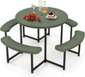 Giantex Picnic Table Bench Set for 4-8 Person, Round 37' Outdoor Dining Table w/Umbrella Hole, HDPE Tabletop, Metal Frame, Patio Furniture Set for Backyard Porch Lawn, 1400lb Capacity (Green,Round)