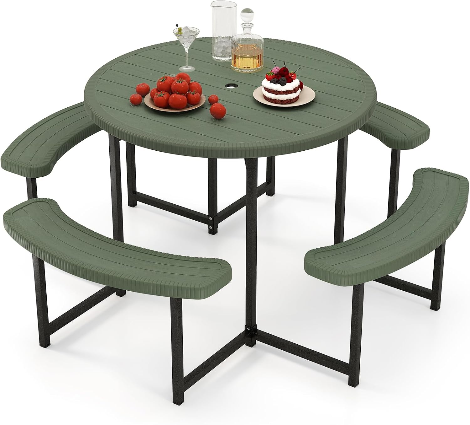 Giantex Picnic Table Bench Set for 4-8 Person, Round 37' Outdoor Dining Table w/Umbrella Hole, HDPE Tabletop, Metal Frame, Patio Furniture Set for Backyard Porch Lawn, 1400lb Capacity (Green,Round)