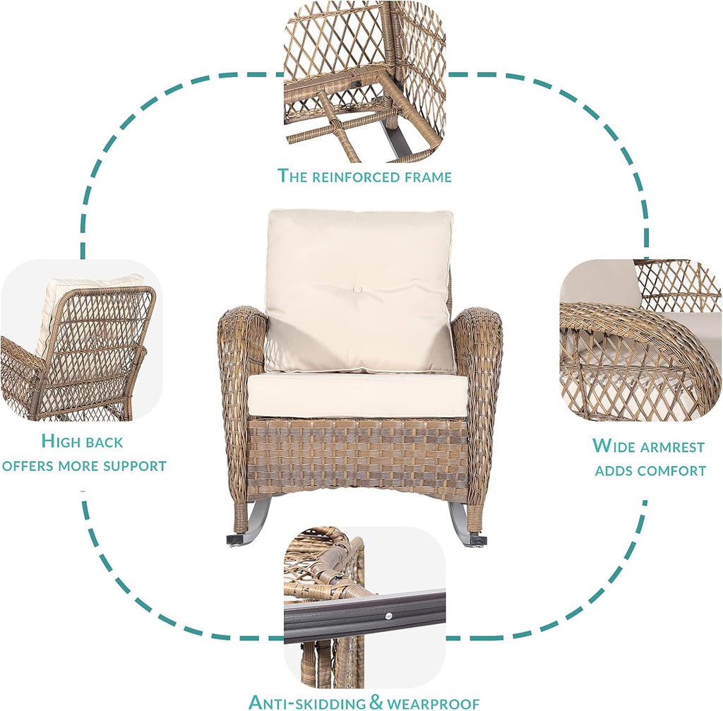 MEETWARM 4 Pieces Outdoor Wicker Patio Conversation Sets with Glider Loveseat, 2 Chairs with Glass-Top Coffee Table Rocking Chair Set, Wicker Conversation Set with Thickened Cushions