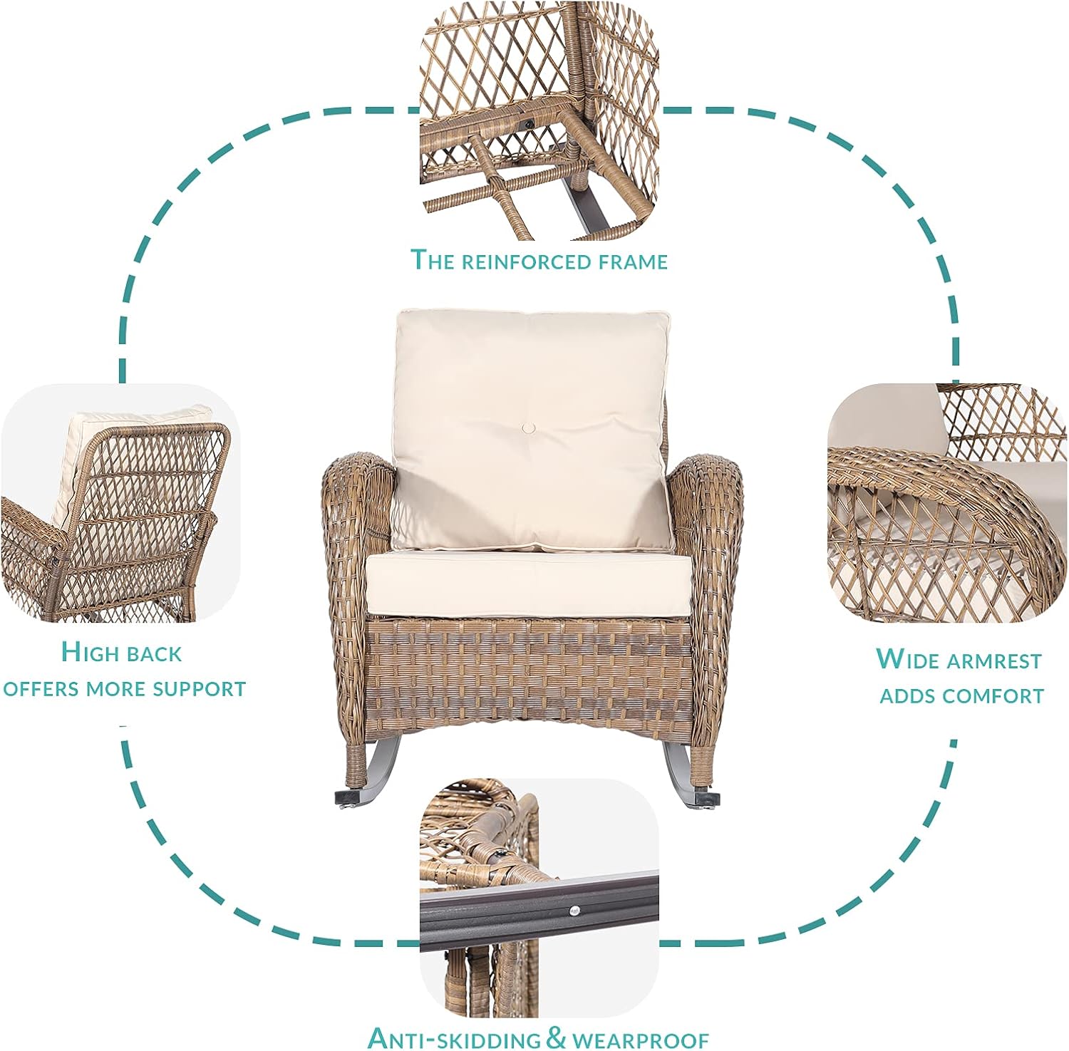 MEETWARM 4 Pieces Outdoor Wicker Patio Conversation Sets with Glider Loveseat, 2 Chairs with Glass-Top Coffee Table Rocking Chair Set, Wicker Conversation Set with Thickened Cushions