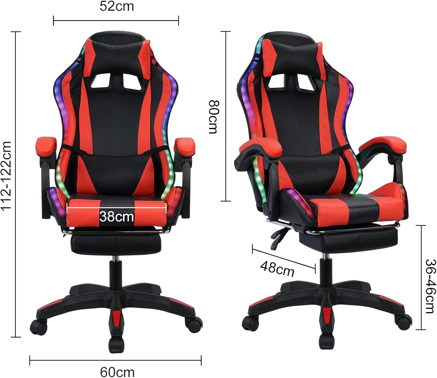 Gaming Chair with Bluetooth Speakers and RGB LED Lights, High Back Video Game Massage Chair 360° Swivel Height Adjustable Recliner with Footrest & Headrest Lumbar Support Pillows (Black & Red)