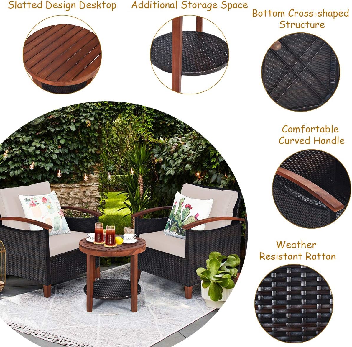 Tangkula 3 Pieces Patio Furniture Set, Outdoor Rattan Sofa and Side Table w/Solid Acacia Wood Frame, High Load Bearing Conversation Bistro Set w/Washable and Removable Cushions (Beige)