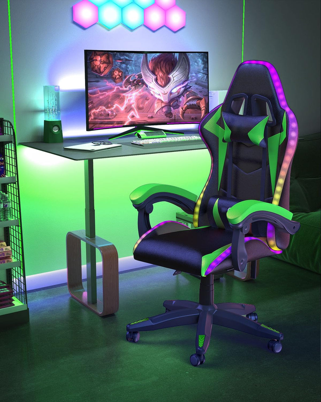 Racingreat Gaming Chair with RGB LED Lights, Ergonomic Computer Chair with Headrest and Lumbar Support, PU Leather High Back Height Adjustable Swivel Video Game Chairs for Adults(Green)
