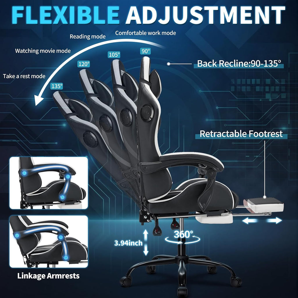 Gaming Chair with Bluetooth Speakers and RGB LED Lights Ergonomic Massage Computer Gaming Chair with Footrest Video Game Chair High Back with Lumbar Support White and Black