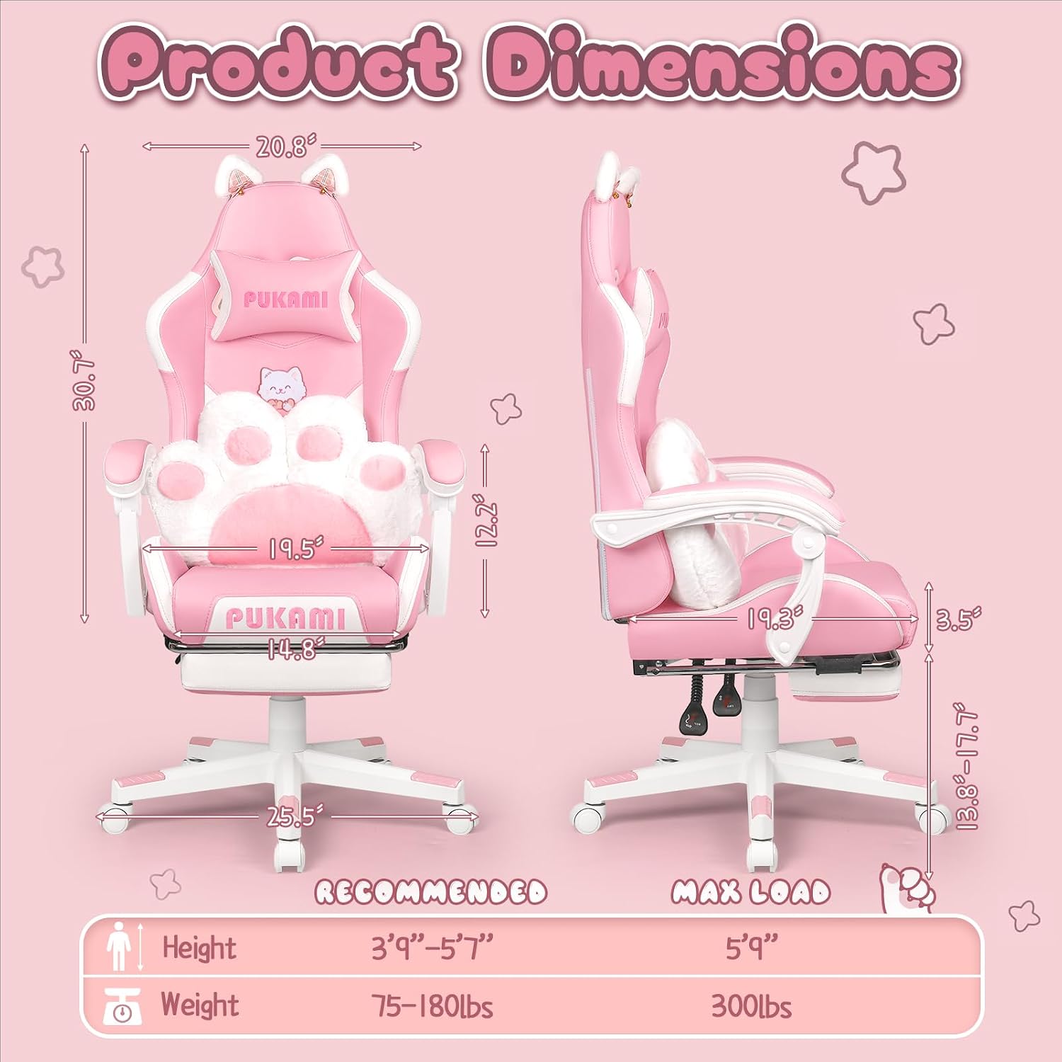 PUKAMI Pink Gaming Chair Cute with Cat Ears and Cat Paw Lumbar Cushion, Ergonomic Computer Chair for Girl with Footrest and Headrest, Comfortable Reclining PC Game Chair for Adult, Teen (Pink)