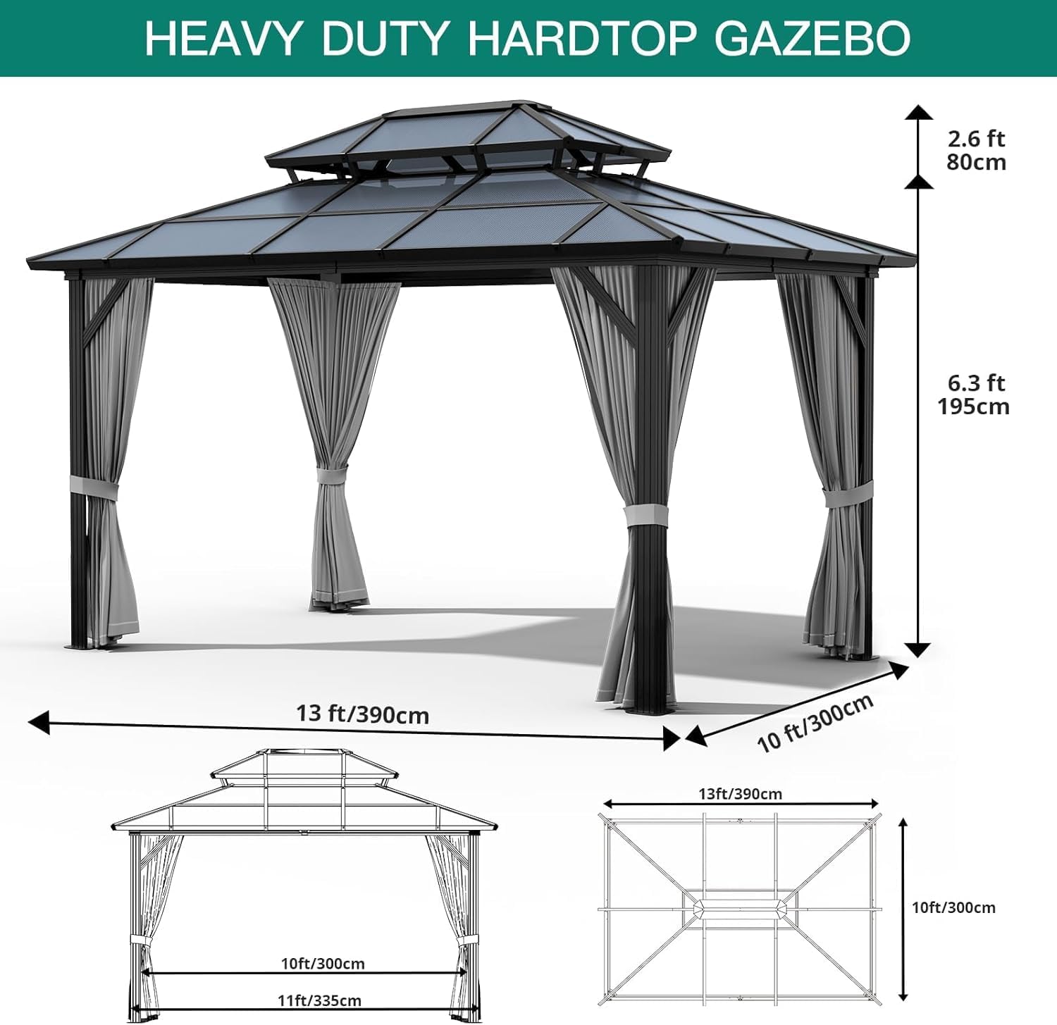 GAOMON 10'x13' Hardtop Gazebo, Outdoor Polycarbonate Double Roof Canopy, Aluminum Frame Permanent Pavilion with Curtains and Netting, Sunshade for Garden, Patio, Lawns, Gray