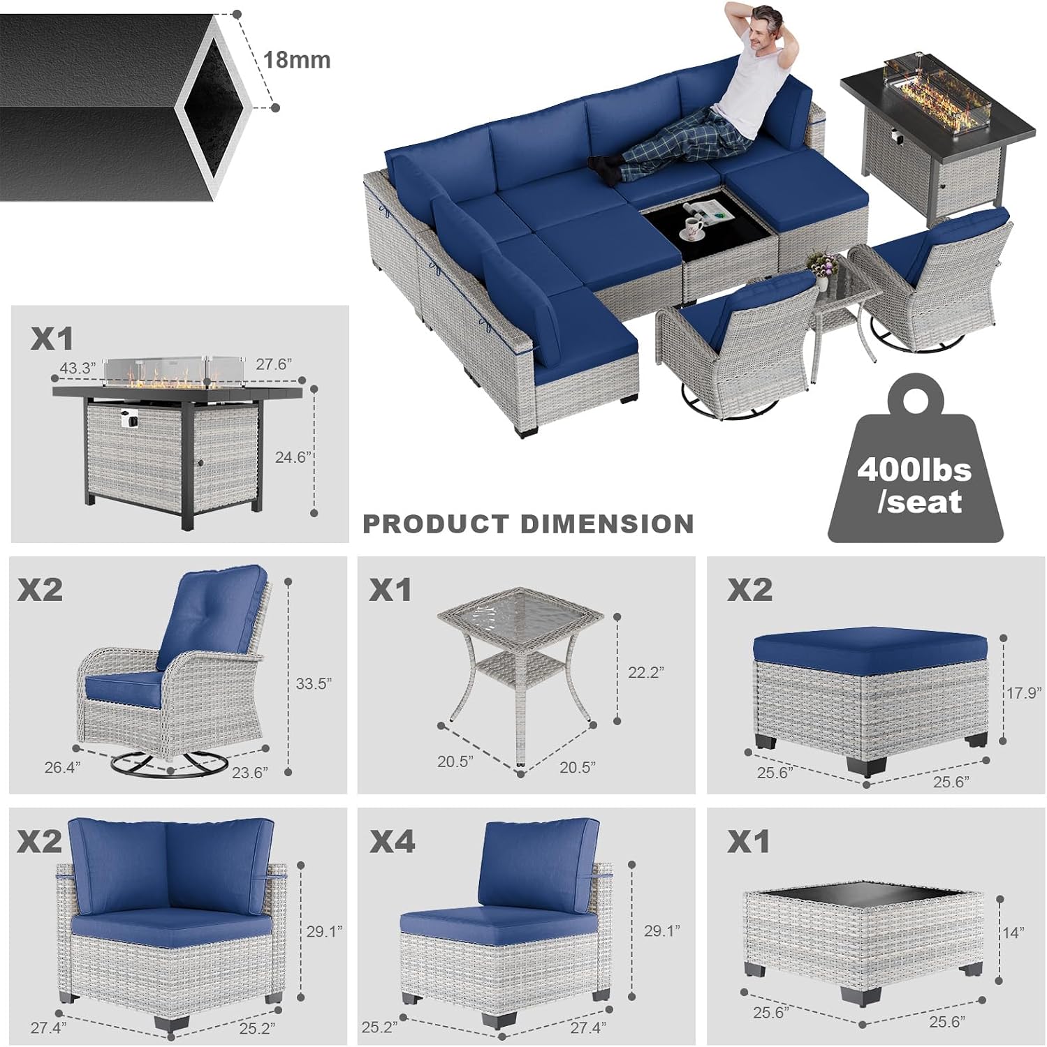 13-Piece Patio Furniture Set, Outdoor Patio Furniture with Swivel Chairs Set, Ottomans, 55,000 BTU Fire Pit Table, Modular Patio Sofa, Dual-Strand Wicker Rattan, Rust-Resistant Frame, Navy Blue