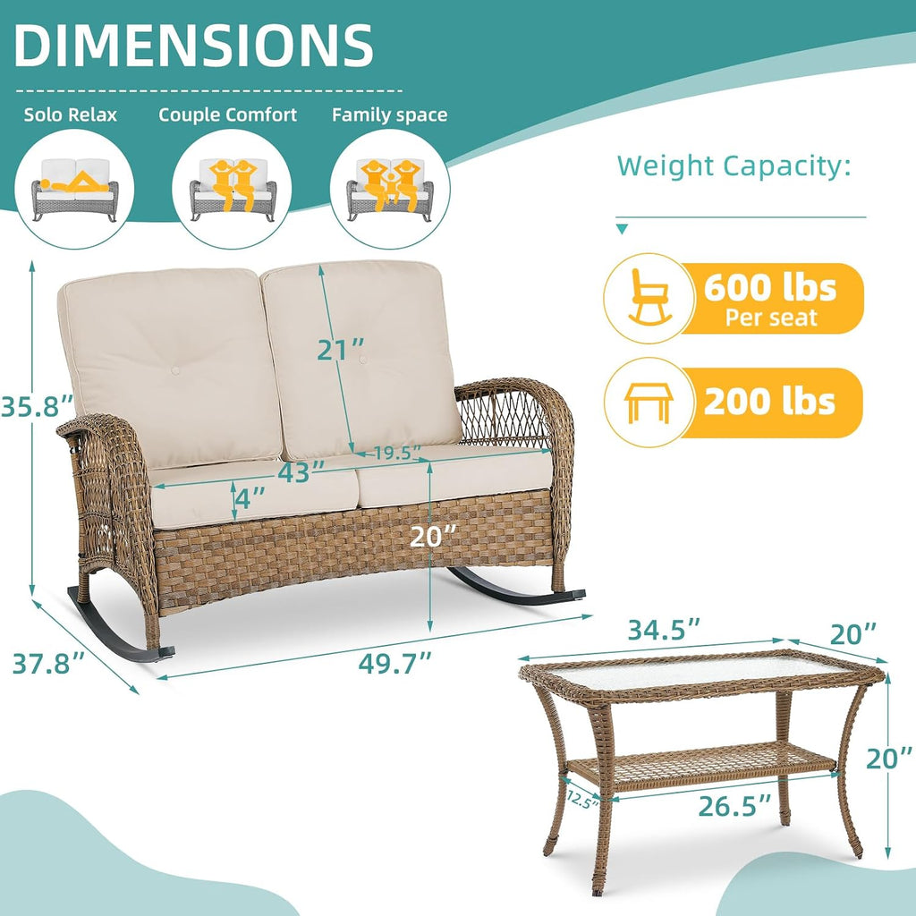 MEETWARM Outdoor Wicker Loveseat Rocking Chair, Loveseat for 2 Person Porch Furniture Rocker with Glass-Top Coffee Table, All-Weather Rattan Patio Rocking Bench with Thickened Cushions, Brown