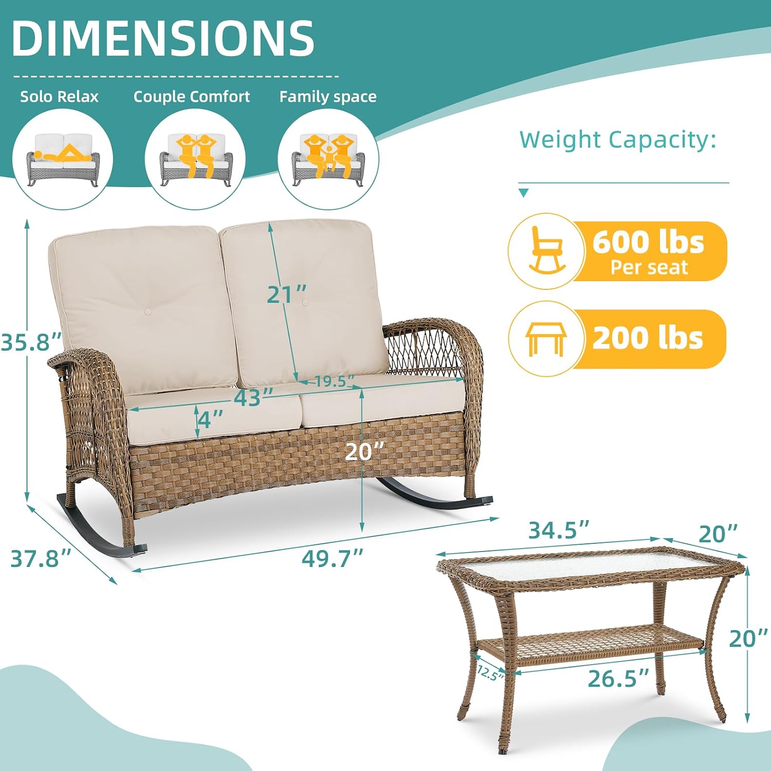 MEETWARM Outdoor Wicker Loveseat Rocking Chair, Loveseat for 2 Person Porch Furniture Rocker with Glass-Top Coffee Table, All-Weather Rattan Patio Rocking Bench with Thickened Cushions, Brown