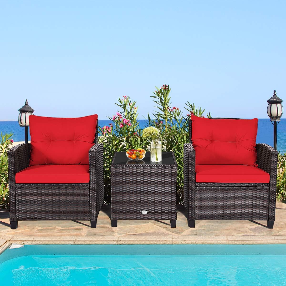 RELAX4LIFE 3 Piece Patio Furniture Set, Wicker Bistro Conversation Set w/ 2 Cushioned Armchairs & Glass Topped Table, Outdoor Rattan Sofa Set Patio Furniture for Porch Balcony Poolside (Red)