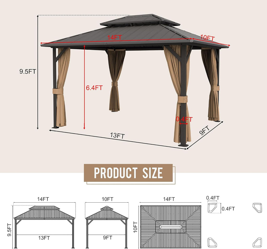 10'x14' Hardtop Gazebo, Outdoor Aluminum Patio Gazebo Double Roof Galvanized Steel Canopy with Netting and Curtains,for Garden, Patio, Backyard, Deck and Lawns.