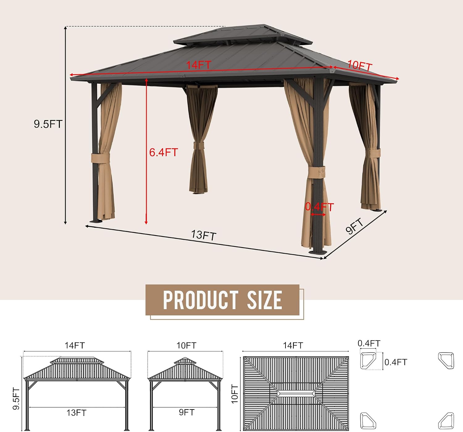 10'x14' Hardtop Gazebo, Outdoor Aluminum Patio Gazebo Double Roof Galvanized Steel Canopy with Netting and Curtains,for Garden, Patio, Backyard, Deck and Lawns.