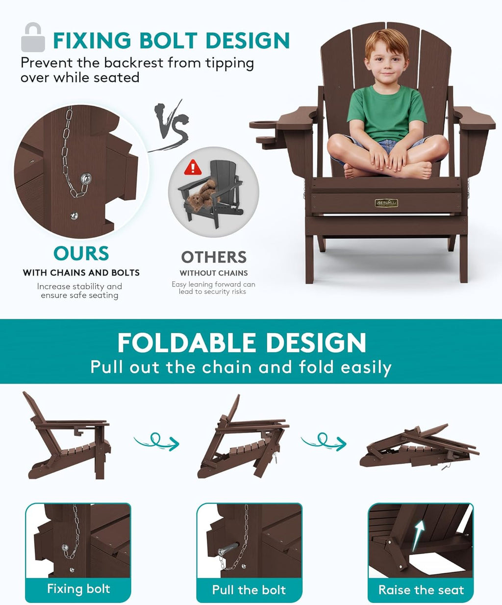 SERWALL Folding Adirondack Chair with Cup Holder for Outdoor, All-Weather Patio Chairs with Wood Texture, Fire Pit Chairs for Deck Porch Garden (Folding Coffee)