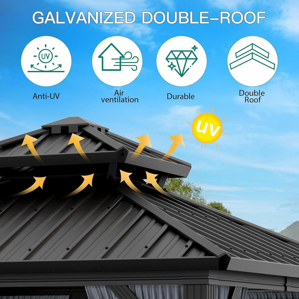 GarveeHome Outdoor Gazebos Canopy 10 x 10 ft Permanent with High Strength Aluminum Frame, Iron Double-Roof, Pavilion with Curtain and Netting for Patio, Lawn, Deck, Garden