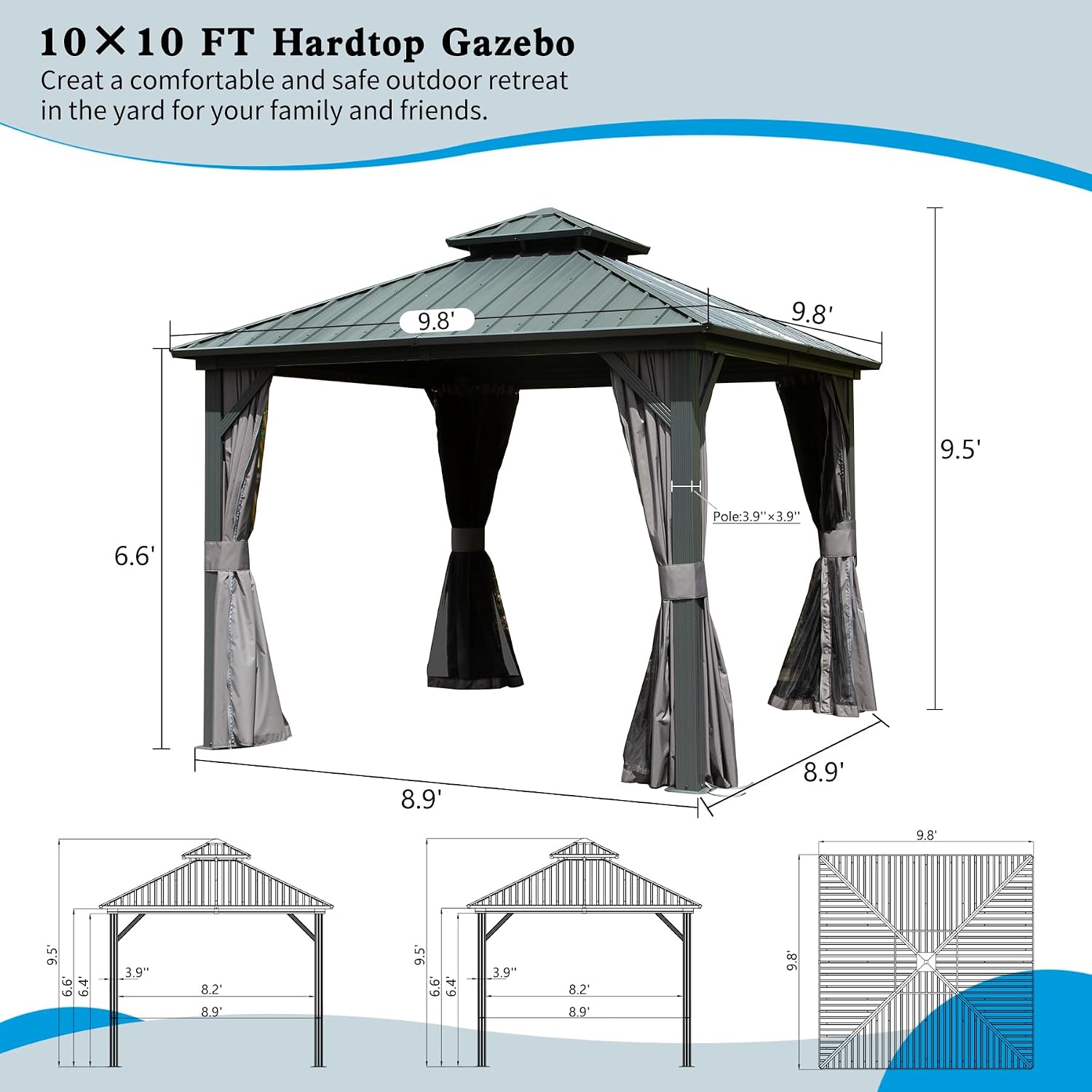 Domi 10x10FT Outdoor Gazebo, Patio Gazebo with Galvanized Steel, Hardtop Gazbo for Patio, Deck, Backyard, Curtain and Netting Included