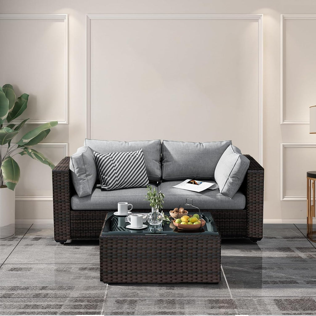 3 Piece Patio Furniture Set All Weather PE Rattan Outdoor Sectional Sofa Couch with No-Slip Cushions and Glass Top Table for Garden, Poolside, Backyard (Gray)
