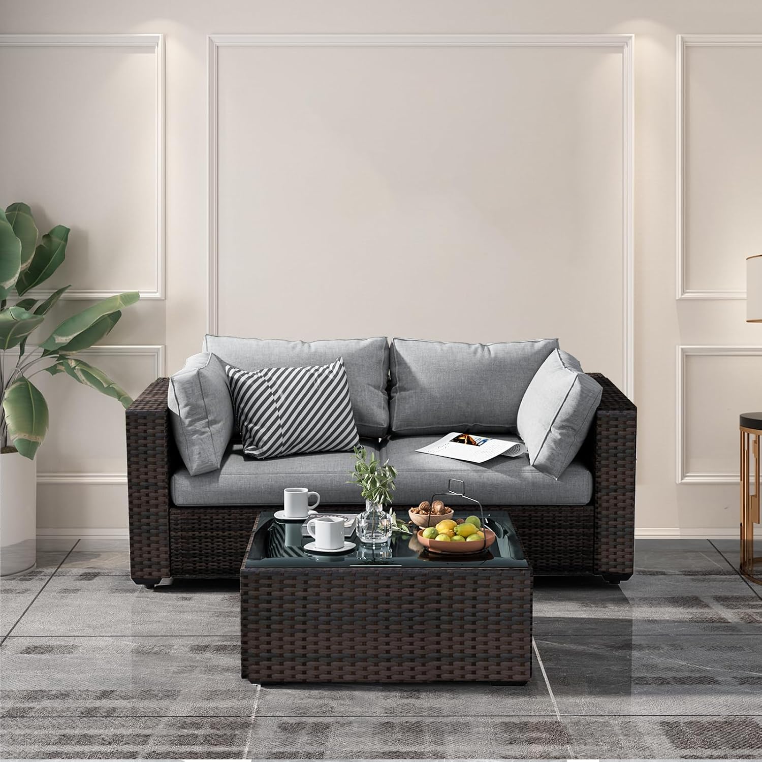3 Piece Patio Furniture Set All Weather PE Rattan Outdoor Sectional Sofa Couch with No-Slip Cushions and Glass Top Table for Garden, Poolside, Backyard (Gray)