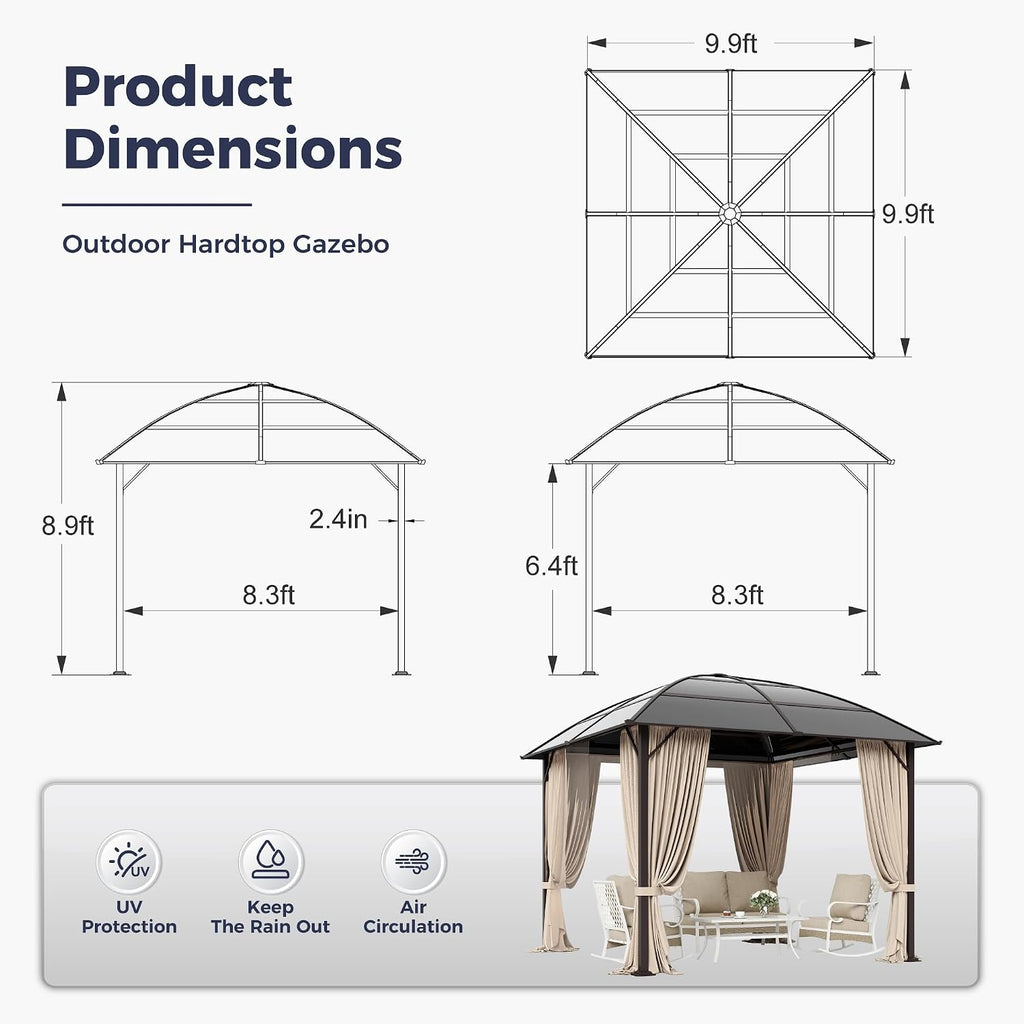 SUNSHINE VALLEY 10x10ft Hardtop Gazebo with Netting and Curtain, Outdoor Gazebo with Aluminum Frame and Polycarbonate Translucent Top, Patio Canopy for Deck, Backyard, Garden, Lawn