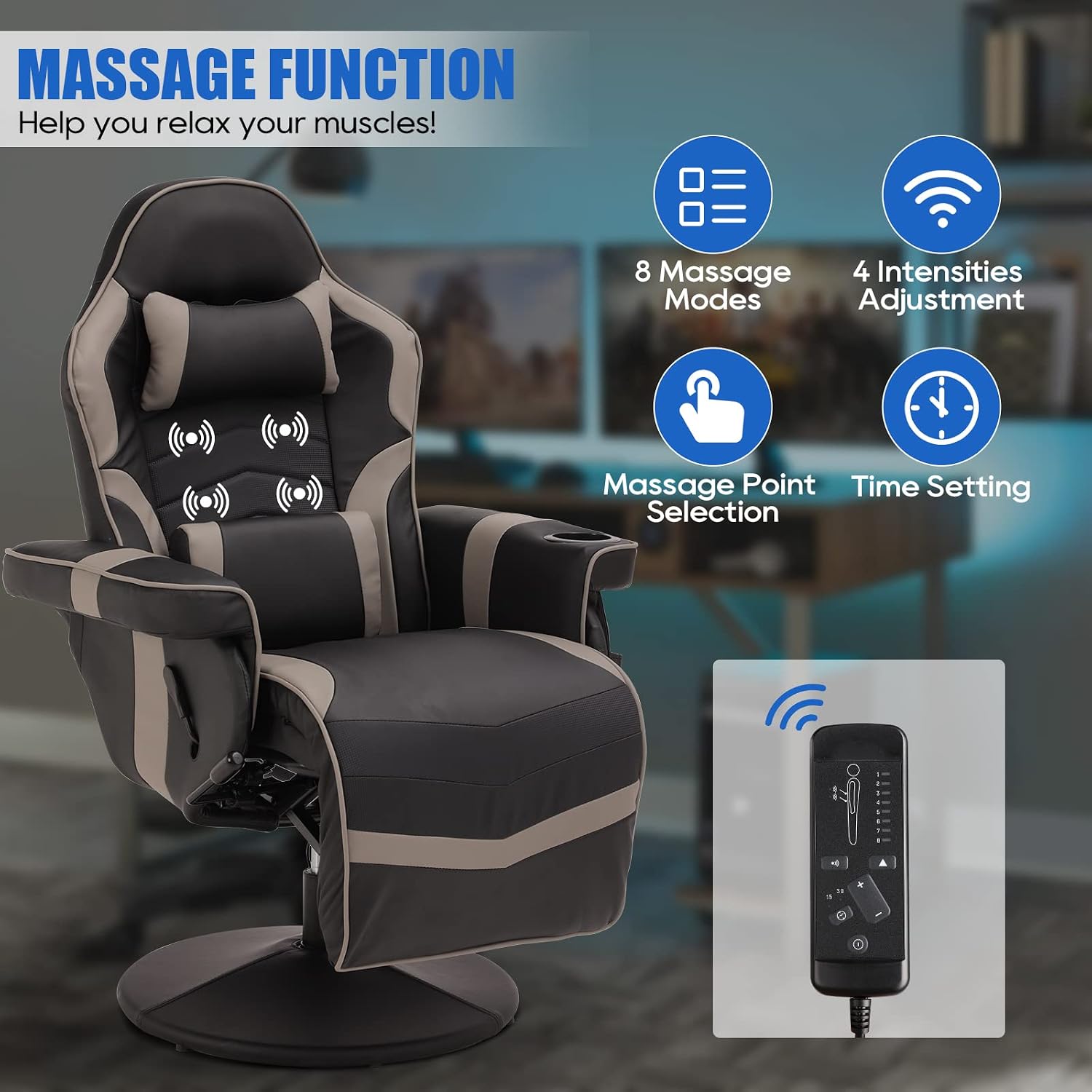 Gaming Chairs for Adults, Gaming Chair with Footrest, Massage Gaming Chair w/Adjustable Height and Backrest, Swivel Video Game Chair with Lumbar Support, Side Pouch (Black& Grey)