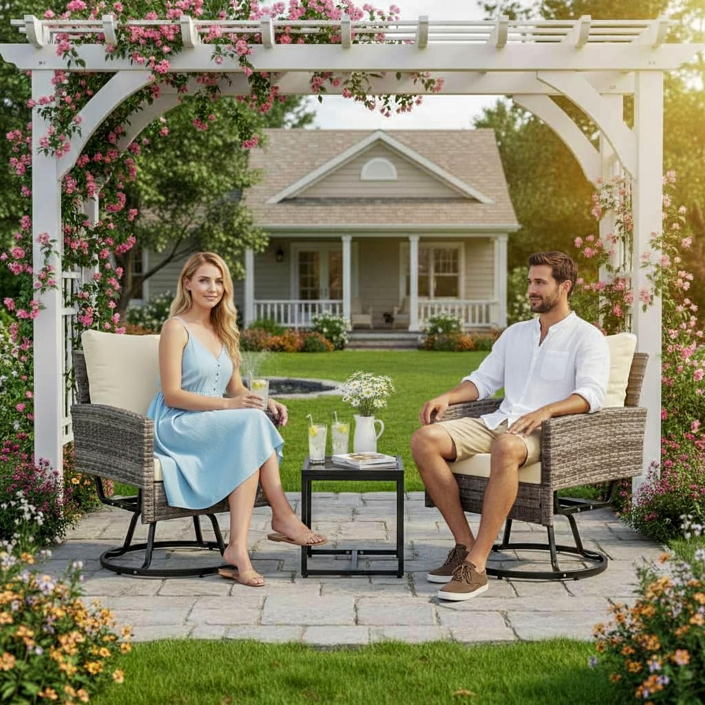 FHFO Outdoor Swivel Patio Chairs Set of 2, 3 Pieces Outdoor Wicker Apartment Balcony Furniture Sets with Thick Cushions,Rattan Table and Chairs Set of 2 Coffee Table for Porch Backyard-Beige
