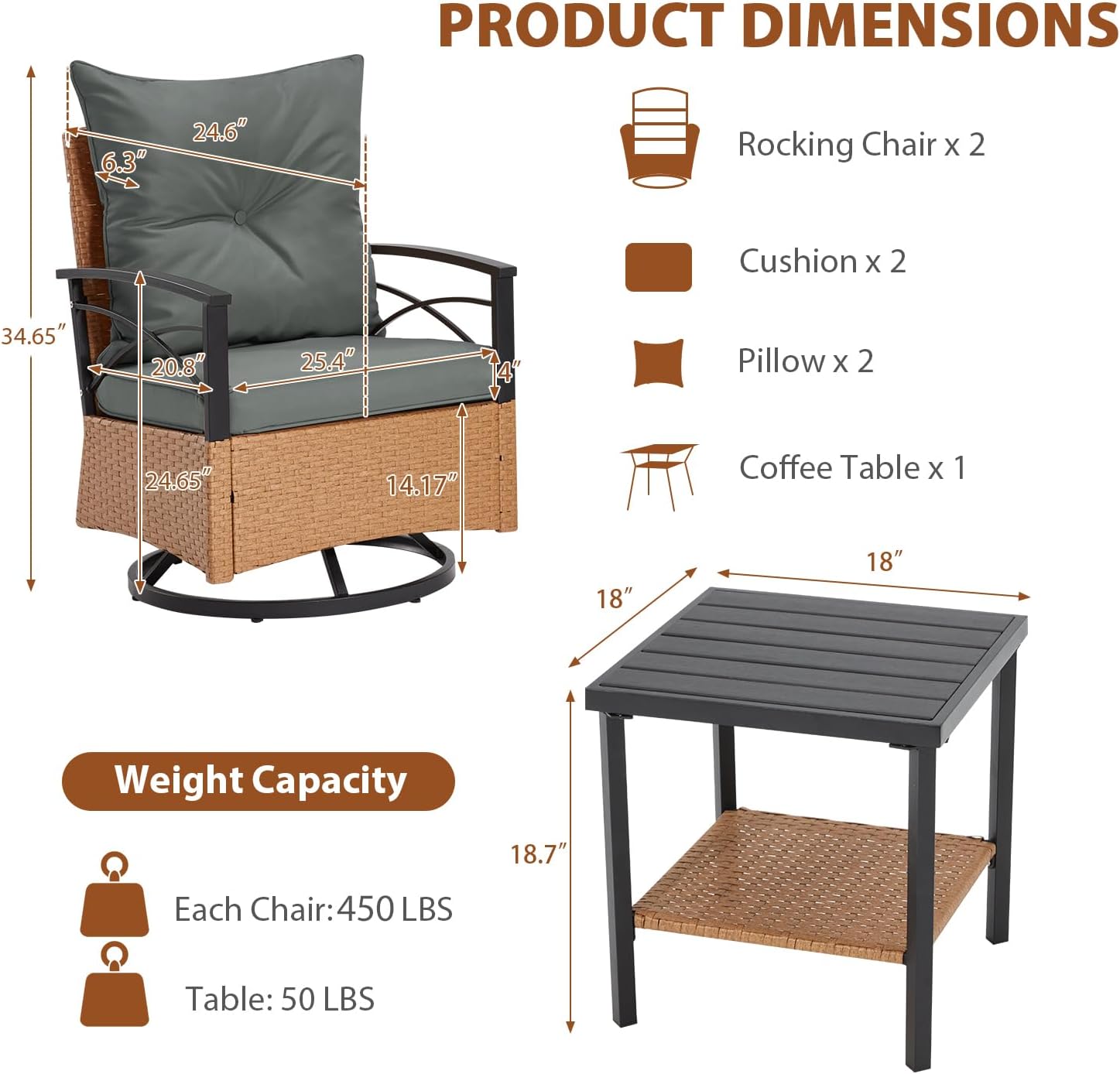 MELLCOM 3 Pieces Patio Furniture Set, Outdoor Swivel Patio Rocker Chairs with Thick Cushions and 2-Tier Coffee Table, Oversize Wicker Bistro Conversation Sets for Garden, Balcony, Backyard, Grey