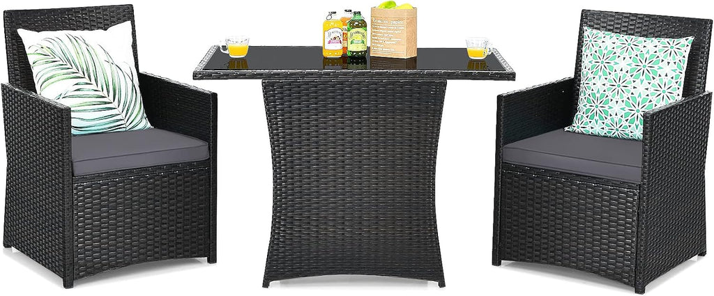 Tangkula 3 Pieces Patio Dining Set, Space-Saving PE Rattan Bistro Set with Tempered Glass Top Table and Cushioned Chairs, Outdoor Conversation Set for Garden Backyard Poolside Porch (Gray)
