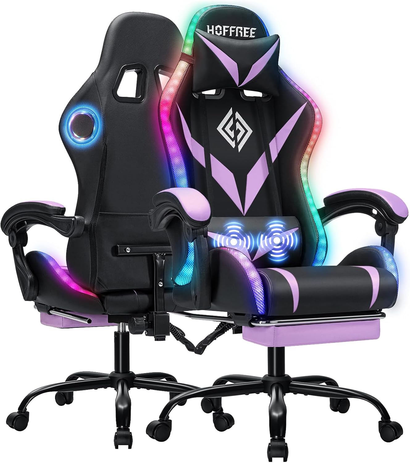 Gaming Chair with Bluetooth Speakers and RGB LED Lights Ergonomic Massage Computer Gaming Chair with Footrest Video Game Chair High Back with Lumbar Support Purple and Black