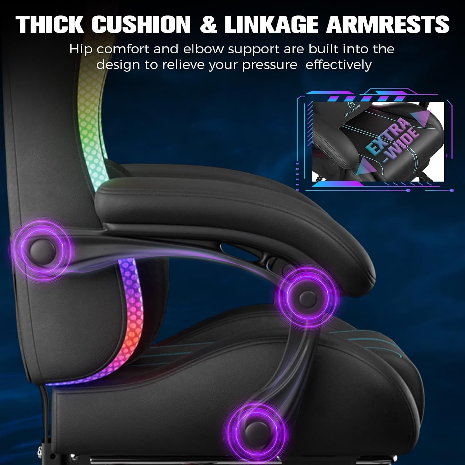 GTPLAYER Gaming Chair, Computer Chair with RGB LED Lights, High Back Ergonomic Chair for Adults with Footrest, Reclining Office Chairs, Linkage Armrest, Blue