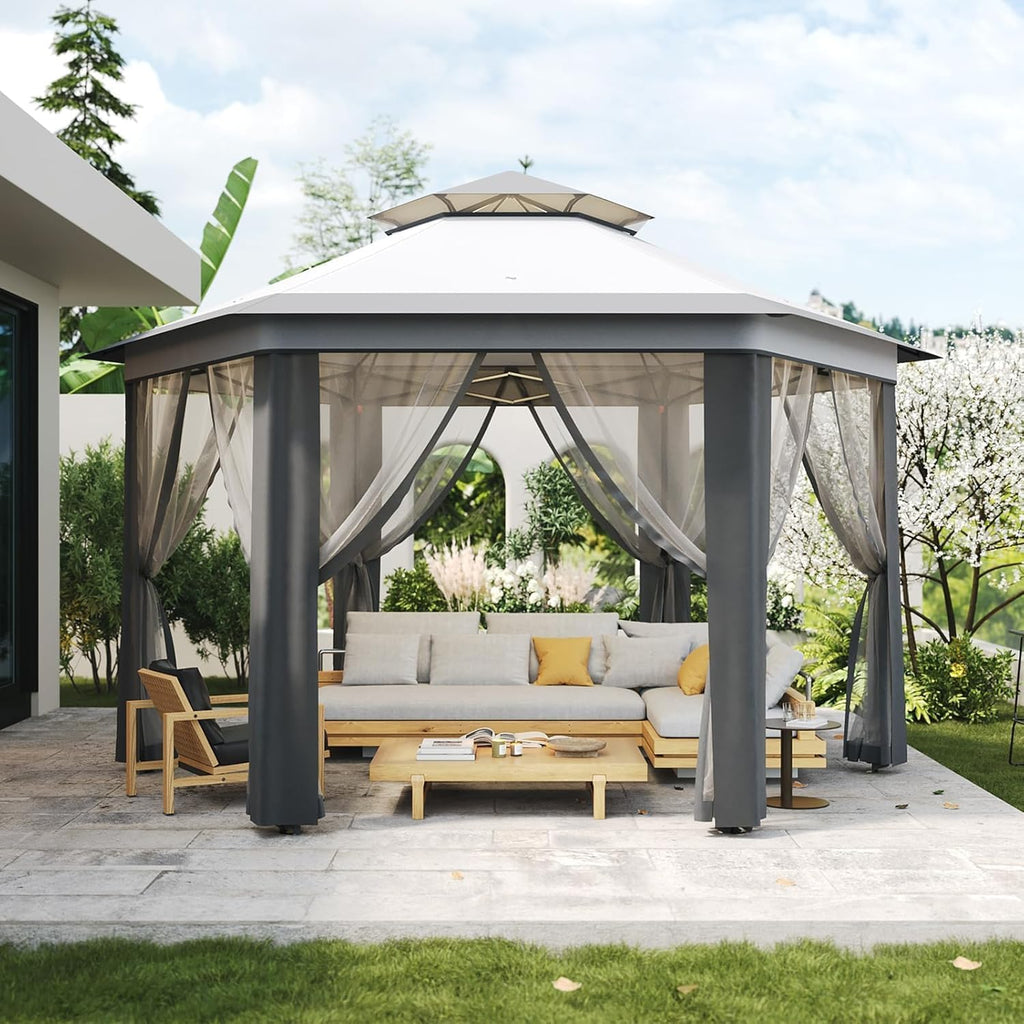 13x13ft Pop Up Gazebo, Outdoor Gazebo with 6 Pieces of Mesh Cloth, Zipper Door & Double Roof, Adjustable Tent Pavilion, UV-Resistant Outdoor Party Tent for Backyard, Garden (Light Gray + Dark Gray)