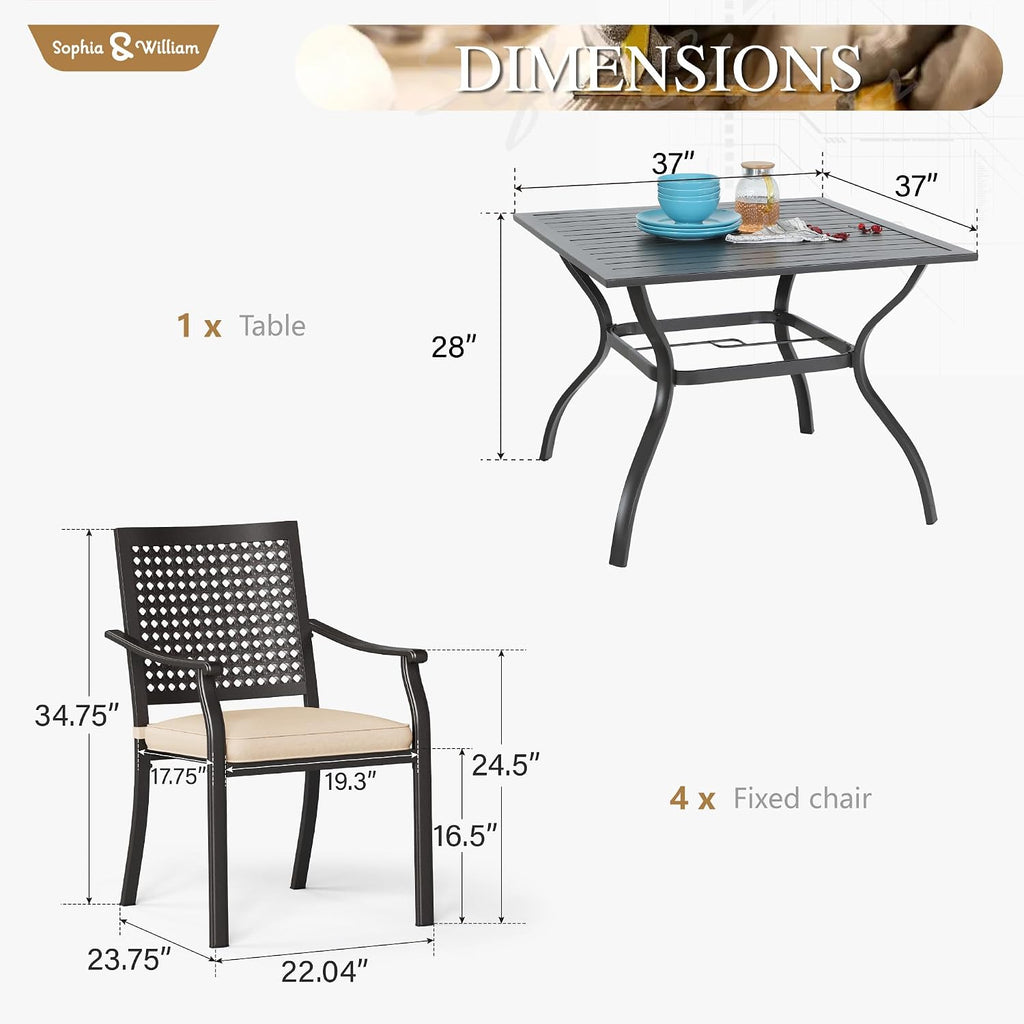 Sophia & William Patio Table and Chairs Set, Outdoor Dining Set for 4, 5 Piece Metal Patio Furniture, 37' Black Square Table(Beehive)