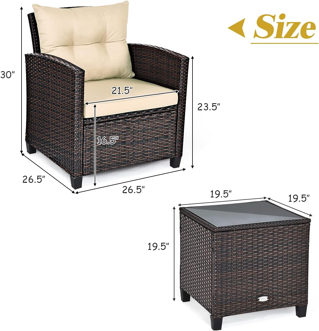 AUGESTER 3 PCS Patio Furniture Set, Outdoor PE Rattan Wicker Conversation Sofa Set w/Washable Cushion and Tempered Glass Tabletop, All Weather Chat Sofa for Garden Poolside Balcony Porch (Beige)