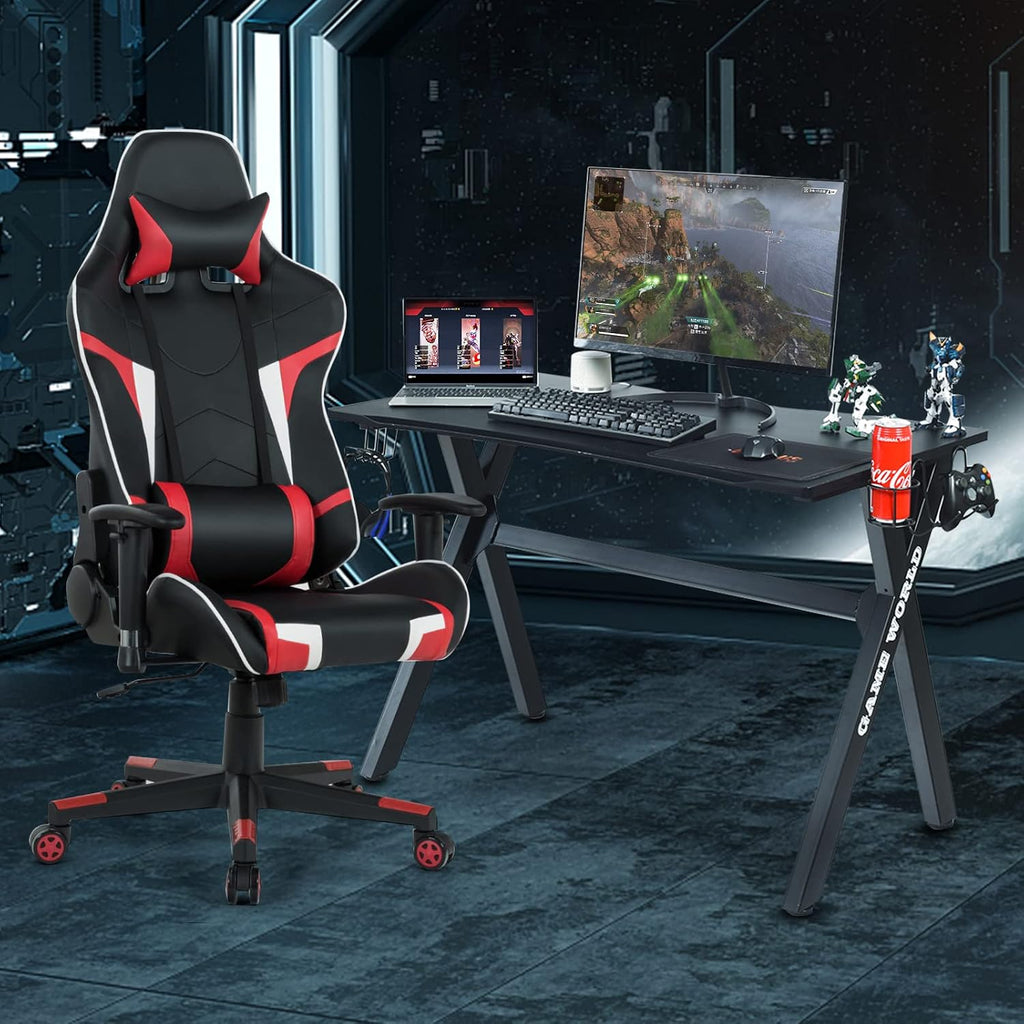 GYMAX Gaming Chair, Massage Gaming Chairs for Adults with Headrest, Lumbar Support & Armrest, Video Computer Reclining Gaming Chair, Office Desk Gamer Task Chair (Red with Black X-Shape Desk)