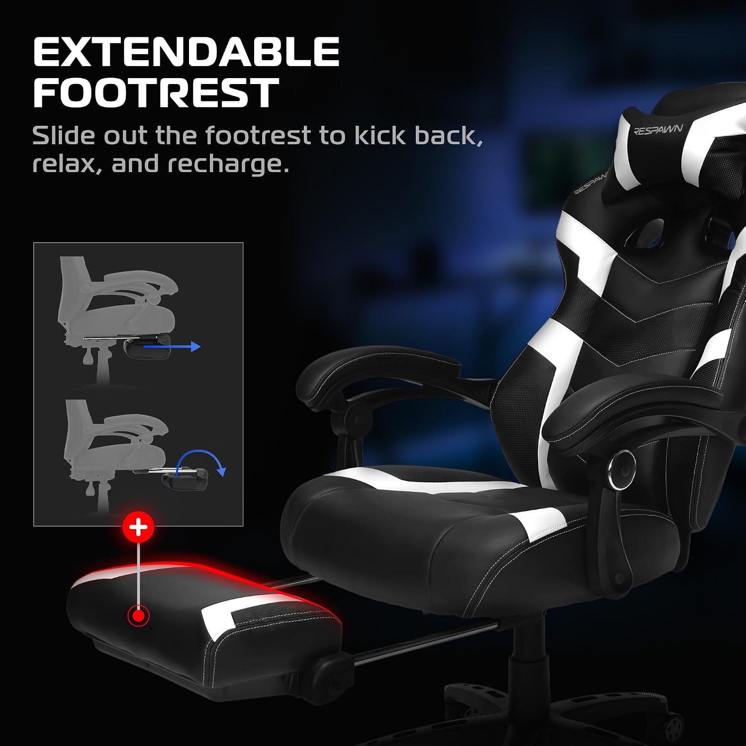 Respawn 110 Pro Ergonomic Gaming Chair with Footrest for Adults - Comfortable Office Gaming Recliner with Lumbar Support and Headrest, Racing Style Video Game Chairs for Computer Gamer - White